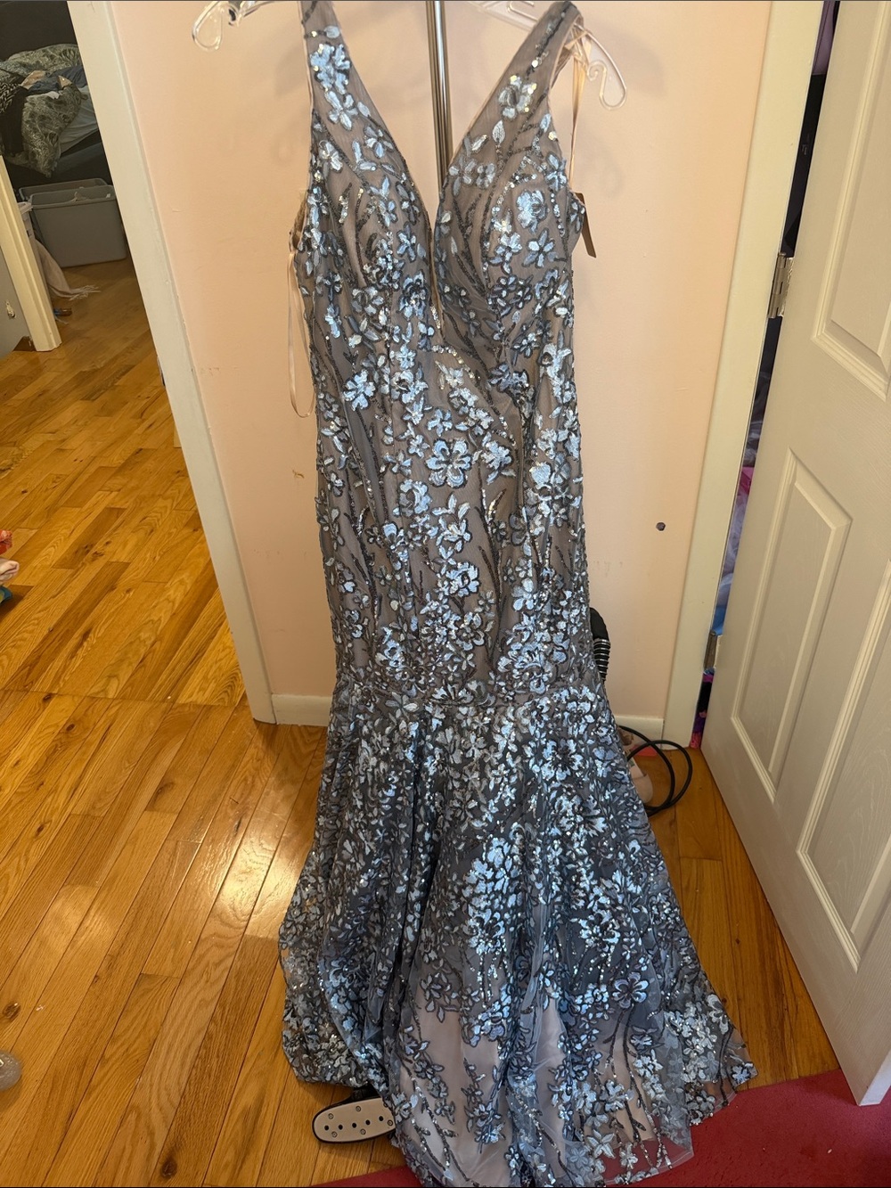 Jovani Gray and Light Blue Floral Appliqué Mermaid Prom Dress